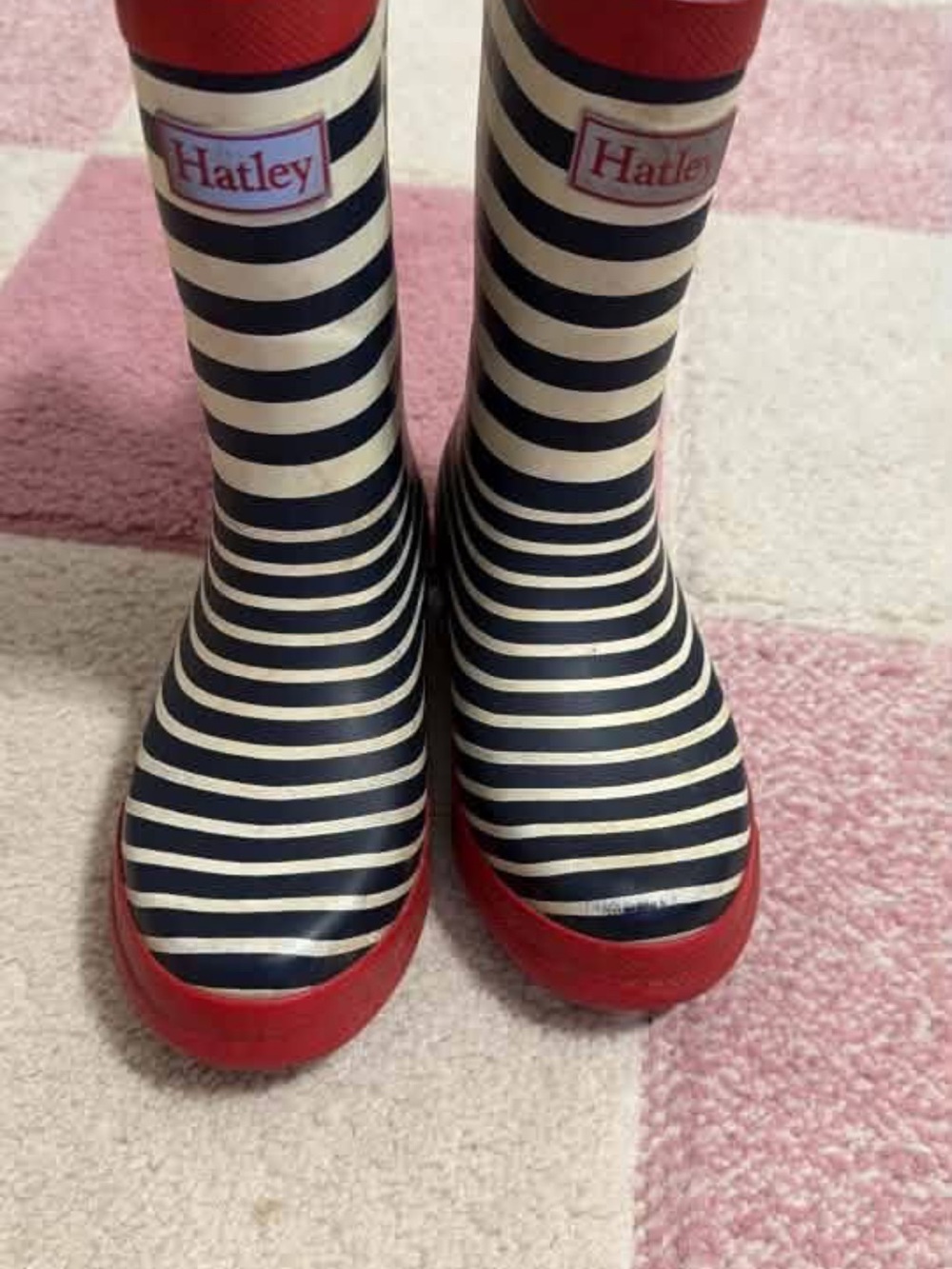 Hatley Navy & White Striped Kids Rain Boots with Red Trim